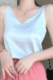 Women Silk Blouses Women Satin Tops Woman Sleeveless Blouse Tops Woman Satin V-neck Blouse Ladies Tops Basic OL White