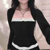 French Lace Trim Splice Slim Long Sleeve TeeOutfit