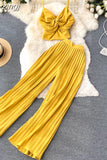 Women Pleated Two Piece Set Sexy Female Criss Cross Twist Strap Tops + High Waist Draped Pants Beach Suits Vacation
