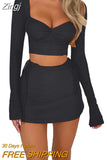 Women Summer 2 Pieces Outfits Solid Color Sweetheart Neckline Long Sleeve Crop Tops and Side Tie-Up Mini Skirts