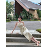 Zingj Drawn Rope Hanging Neck Sweet Sleeveless Bow Top High Waist Slit Skirt