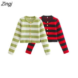 Women Fashion O Neck Golden Breasted Striped Short Knitting Sweater Femme Chic Long Sleeve Slim Cardigan Coat Tops