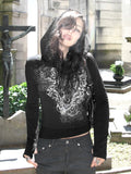 Print Punching Design Hooded T-Shirt Thin Casual Hottie Sexy Long-Sleeved