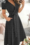 Women Summer Long Dress Short Sleeve V Neck Solid Vintage Elegant Chic Shirt Dress With Belt Office Ladies Party