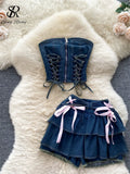 Hotsweet Denim Two Pieces Sets Zipper Strapless Y2K Top+Elastic Mini Culottes Lace Up Cross Bandage Streetwear Suits 211-0-Outfit