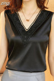 Summer Fashion Silk Womens Blouses Satin Tops Woman Shirts Embroidery Sleeveless Ladies Top V-neck Lace OL Women