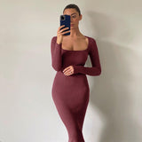 Long Sleeve Ankle-Length Dress For Woman Square Collar Knit Long Dress Women Sexy Elegant Causal Solid Maxi