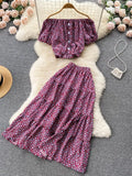 Vintage Women Floral Printed Two Piece Set Casual Slash Neck Single Breasted Short Blouse + High Waist A-Line Midi