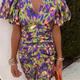 New Print V-Neck Tight-Body Bag Toss-Waist Short-Sleeved Women's