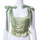New Womens Sexy Crop Tank Tops Cute Solid Color Bow Tie Strap Sleeveless Criss Cross Lace-Up Corset