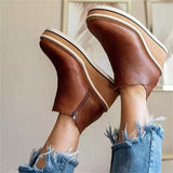 Slope And Short Boots Women's New Flat Bottom Side Zipper Round Head Solid Color Bare Boots Thick Bottom Leather Boots In The Autumn And Winter Of