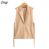 Women 2021 Fashion Solid Side Split One-Button Vest Vintage Female Sleeveless Outerwear Suit Chic Outwear Waistcoat