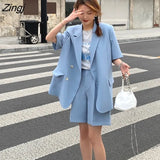 Women Sets 2 Pieces Streetwear Cool College S-4XL Chic Short Sleeve Loose Blazers High-waist Wide-leg Shorts Korean Style