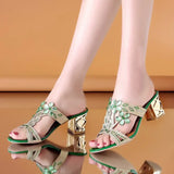 Cool Slippers Women's Summer New Coarse-Heeled Toe Women's Shoes Hollow Water Drill Outside Wearing High Heel Cool