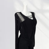Zingj And After Two Wear Sand Dune Waste Wind Top Hole Long Sleeve T-Shirt Hollow See-Through Blouse Rope Tie Tie