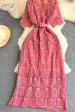 Women Vintage Purple/Red/White Hollow Lace Party Maxi Dress Female Elegant Round Neck Short Sleeve Slim Robe New