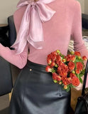 Design With Bow Temperament Elegant Knitted Shirt Autumn And Winter New Rich Gold Feeling Thin