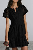 Women's V-Neck A-Shaped Hollow Lace Folded Short-Sleeved Mini