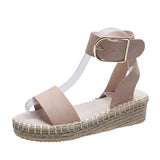 And Summer New Belt Buckle One-Word Slope Sandals Women's Flat Bottom Car Sewing Empty Dew Roman