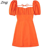 Women French Style Square Collar Pleats Puff Sleeve Black Mini Dress Female Chic Back Lace Up Casual Slim Vestidos