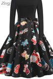 Dress Women Autumn Winter Long Sleeve High Waist Printed Vintage Party Sundress Elegant Xmas