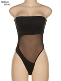 Sexy Beach Style Mesh Bodysuit Women Sleeveless Backless Patchwork See Through Body-Shaping Vacation Clubwear