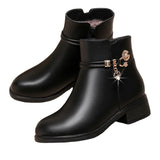 Zingj Leather Mother Cotton Shoes Autumn And Winter Add Velvet Women's Short Boots Middle-Aged Warm Low Heel Thick Heel Rhinestone Snow