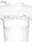 Fashion Letter Printed Short Sleeve Vintage Crop Top 2023 Summer Women Sexy Skinny T Shirt Female Streetwear Tee