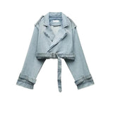 Summer New Vintage Wash With Old Belt Lapel Loose Denim Jacket