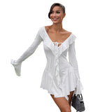 Zingj Women's Wear 2024 Flounce Pointed Collar Tied Rope Horn Sleeve