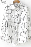 2023 Vintage Fashion Women Long Sleeve Shirts Cute Cat Print Shirt Female Loose Casual Blosues Girl Ladies Tops 6828