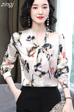 Silk Blouses Women Satin Print Blouse Women Long Sleeve Shirts Woman V-neck Silk Blouses Ladies Floral Blouse for