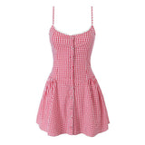 Two-Color Lattice Button Embellion With Joint Dress 2025 Spring New