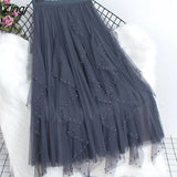 Pearl Pleated Tulle Skirt For Women Autumm Korean Irregular Beaded Wave Cut Elastic High Waist Mesh Pleated
