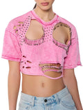 Zingj Fashion Wind Top 2024 New Fashion Round Collar Hole Pin Design Sense Short T-Shirt