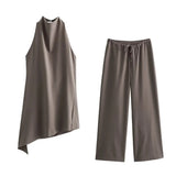 Women's Clothing Neck Tie Minimalist Top + Mid-Rise Loose Trousers