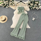 Zingj Seaside Vacation Set Women's Summer Knit Tassel Hanging Neck Top High-Waisted Hollowed-Out Trousers Two-Piece