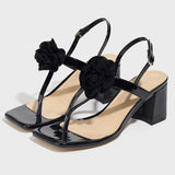 Sales Lady High-Heeled Black Rose Toe With Square Head And Mirror Fabric Sandals 2025