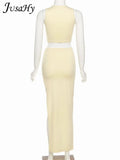 Fashion Elegant Solid Color 2 Two Pieces Set Crop Top + Sexy High Waist Side Slit Long Skirt Casual Street Style