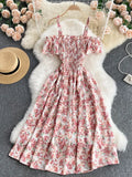 Sexy Slash Neck Spaghetti Strap Midi Dress Women Casual Off Shoulder Short Sleeve Vacation Beach Robe Female