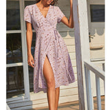 Women Summer V Neck Casual Beach Dress 2023 Elegant A Line Floral Print Midi Short Sleeve Split Party Holiday Dress Robe