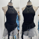 Irregular Hanging Neck Dyeing Net Yarn Vest Lotus Side Ribbon Short Sleeveless Top