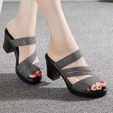 High-Heeled Women's Shoes 2025 Summer New Word With Flash Powder Waterproof Table Sandals Fish Mouth Coarse And Cool Slippers