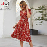Women Summer V Neck Casual Beach Dress 2023 Elegant A Line Floral Print Midi Short Sleeve Split Party Holiday Dress Robe