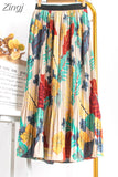 Women 2023 High Waist Floral Print Mid Calf Long Pleated Skirt Girls Summer Vintage Elegant Chiffon Midi