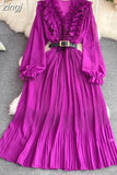 Vintage Women Pleated Long Dress Red/Purple/Yellow V-Neck Ruffle Puff Sleeve Draped A-Line Vestidos Female New