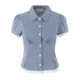 Women's Clothing 2025 Summer Splicing Lace Check-Shirt + Short Skirt Suit Women