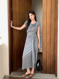 Xixi 2025 Spring New Korean Version High Waist Belt Design Sense Short-Sleeved Knitted Long Dress Women
