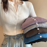 Women Slim Solid Fashion Single-breasted All-match Simple Korean Knitting V-neck Fall Female Chic Vintage
