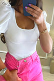 Elegant Short Puff Sleeve T-shirts Tops Women Summer Square Collar Knitted Tees Shirts Solid Basic Ribbed